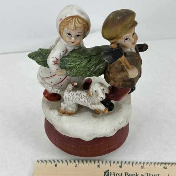 Vintage Rotating Music Box Figurine Children Dog Ceramic Plays O Christmas Tree - Picture 11 of 12